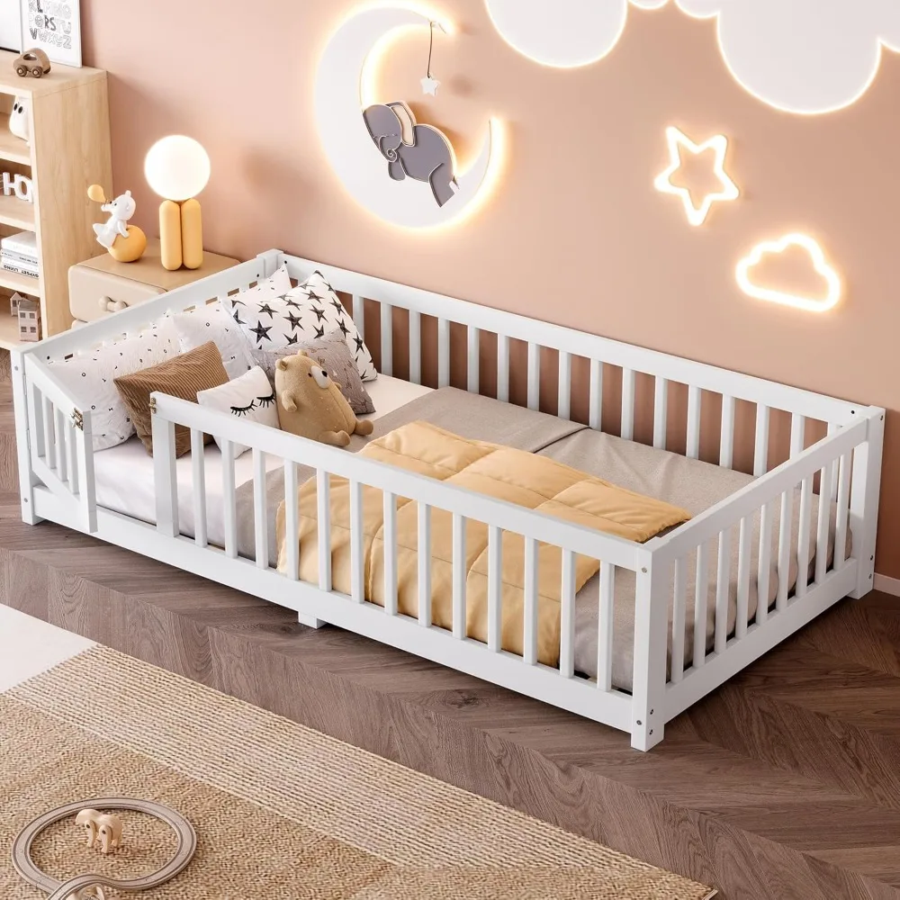 

Twin Size Floor Bed with Safety Door Fence Guardrails Montessori Solid Wood Bed Frame for Kids Boys Girls White
