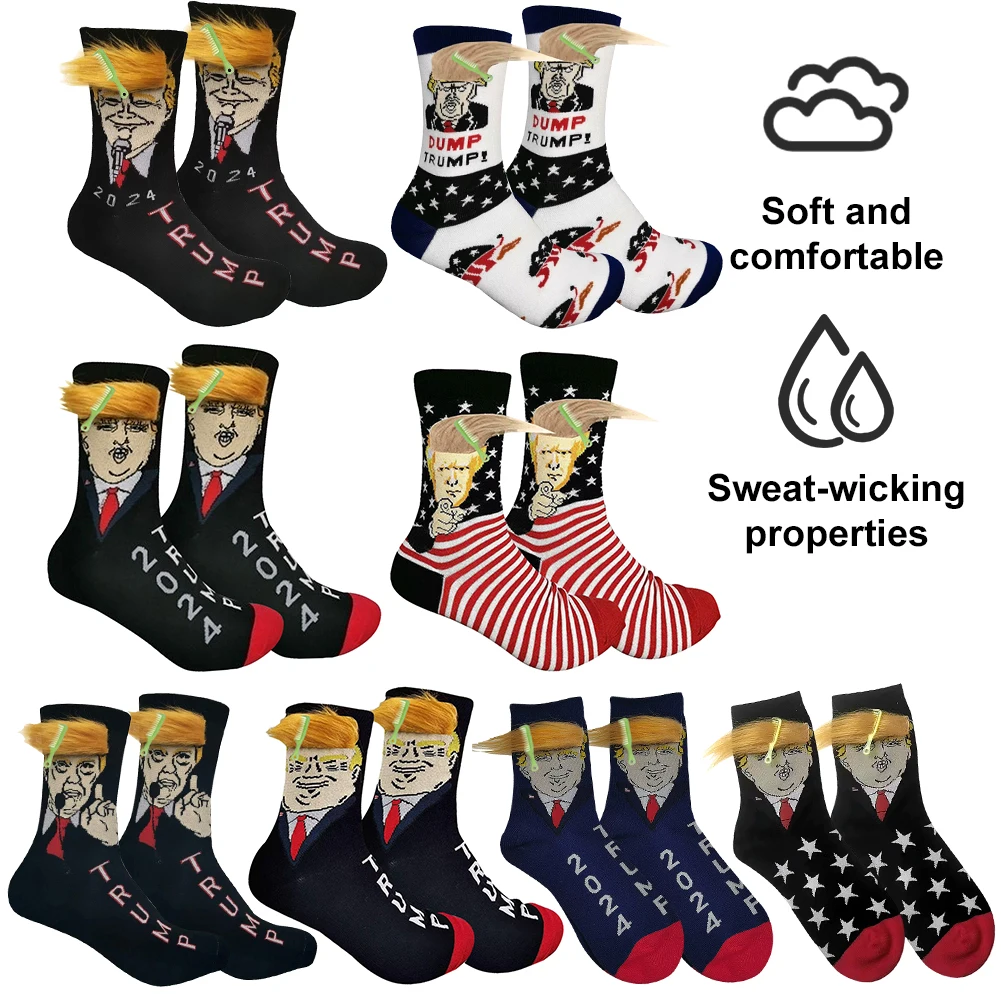 2024 President Donald Trump Spoof Funny Socks with 3D Fake Hair Crew Socks Donald Trump Socks Novelty Funny Socks for Men Women