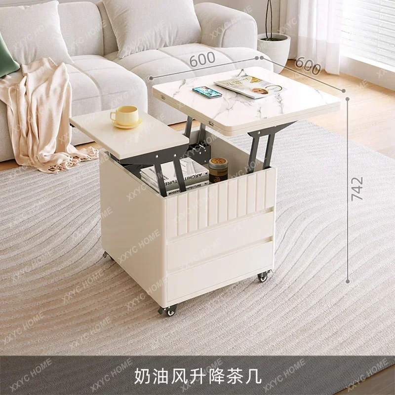 cc182R1 Small Apartment Multi-Functional Coffee Table Lifting and Foldable Small Tea Table Living Room Home Cream Wind Mobile