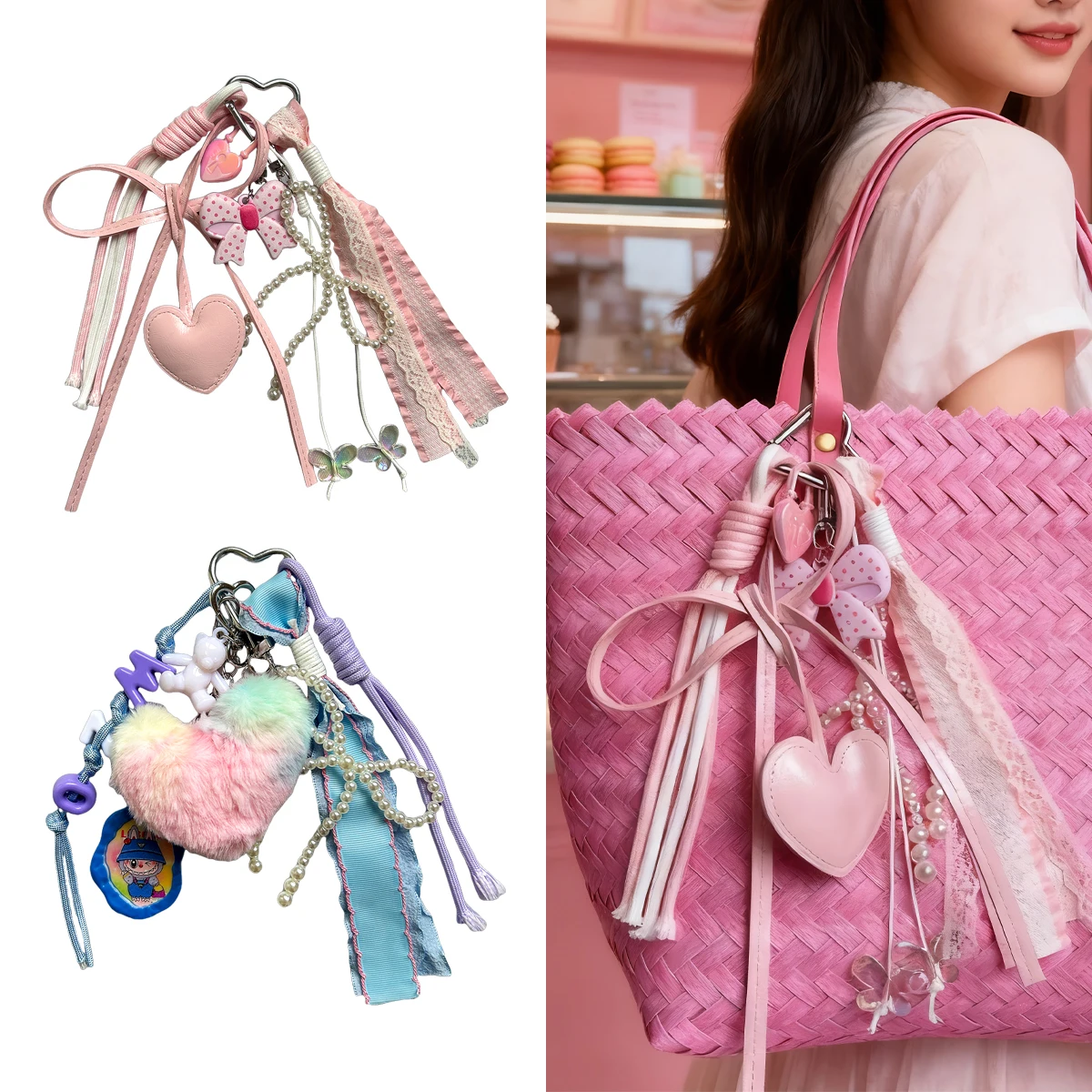    Herzförmiger Plüsch-Schlüsselanhänger im koreanischen Ozean-Stil, verziert mit Buchstaben und weißem Bären-Zubehör, Handy-Anhänger-Geschenk