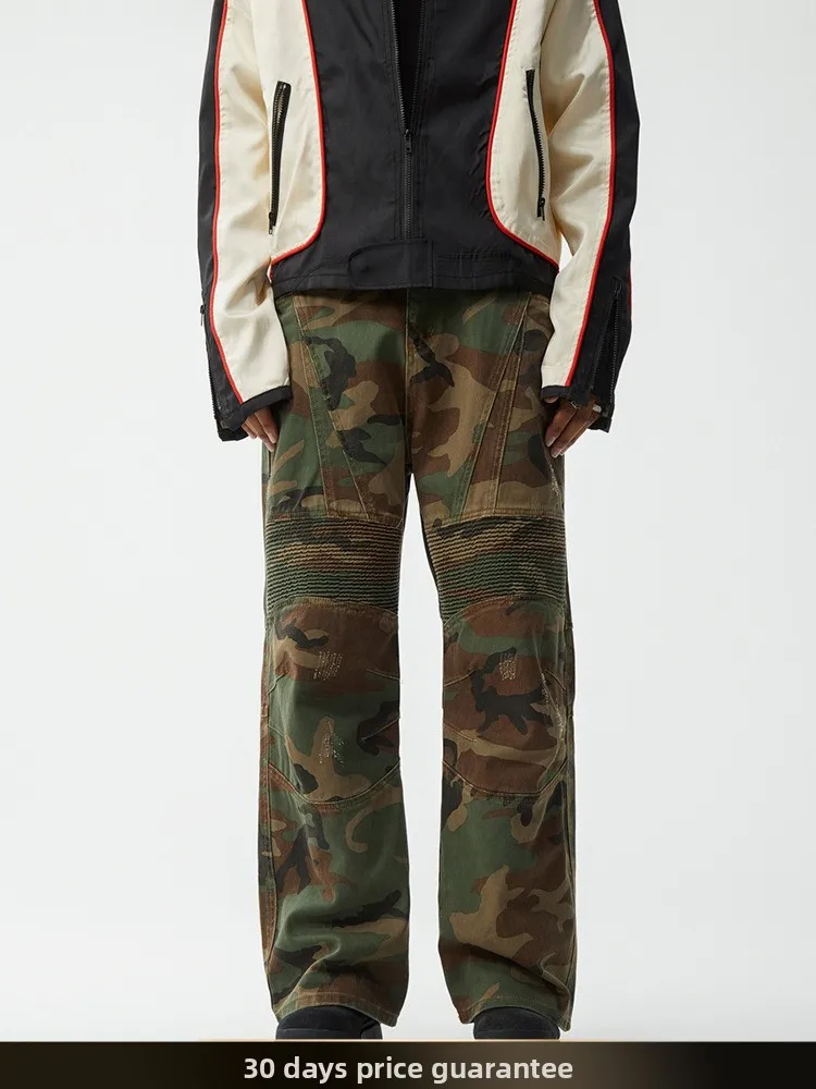 

American Retro Waed Distred Camouflage Work Pants Summer Streetwear Straight Leg Jeans Loose Fit Youthful Spring Cotton