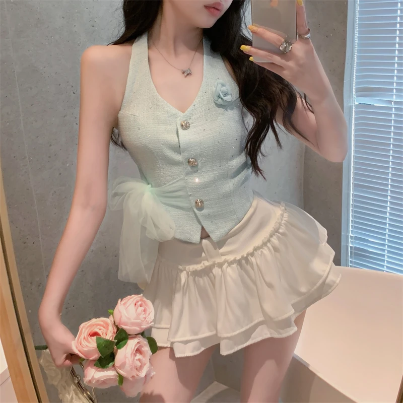 2024 Korean Sweet Small Fragrance Two Piece Set Women Sleeveless Vest Tops + High Waist Skirt Suit Fashion Summer 2 Piece Sets