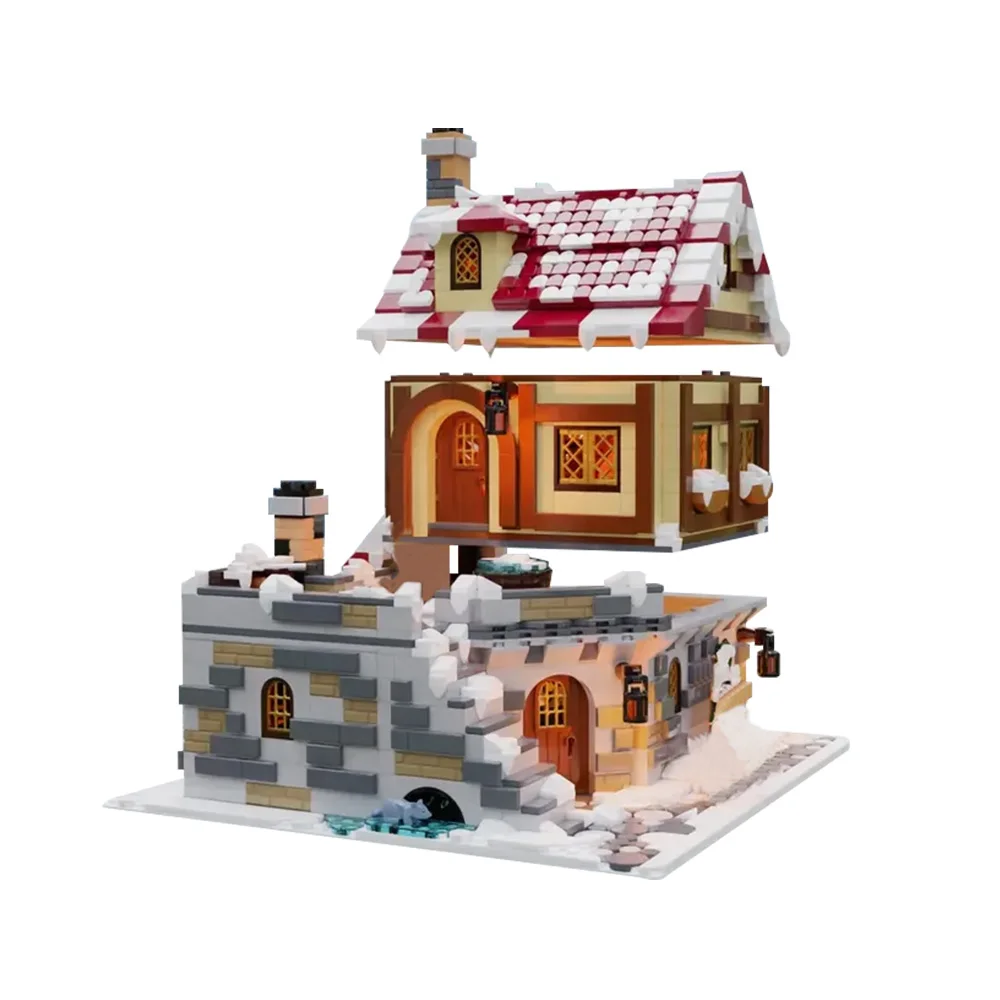 Gobricks MOC The Tavern Under the Snow Model Building Blocks Winter Snow House Bricks Toy For Christmas Children kids Xmas Gift