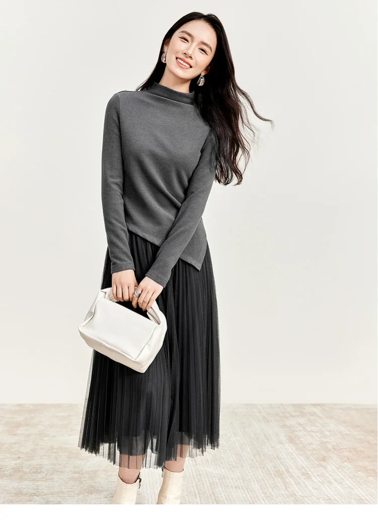 SENTUBILA Two Piece Set for Women 2024 Winter Cotton Irregular Tops Mesh Gauze Pleasted Long Skirt Female Dress Sets 144Z57557