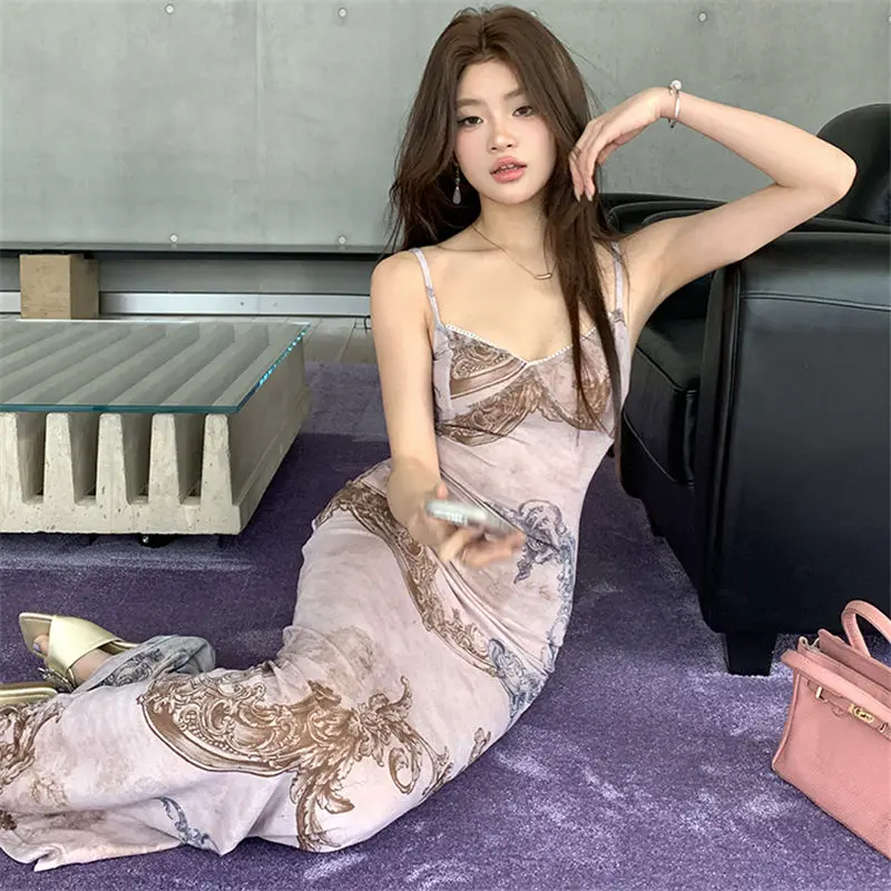 Summer 2025 Prethoracic Lace Embellished Printed Skirt Elastic Mesh Halter Dress Slimming Comfortable Waist New Arrivals