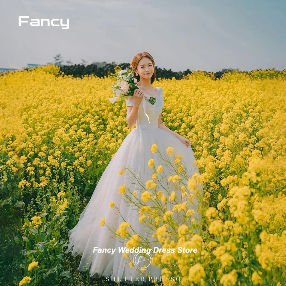 

Fancy Fairy A Line Korea Wedding Dress Square Neck Short Sleeve Soft Tulle Bridal Gown For Women Photo Shoot Lace Up Back