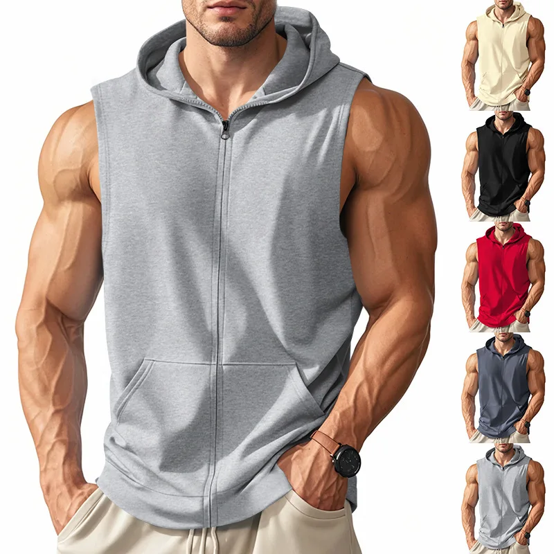 

cross-border American summer new hooded vest men's sports fitness training zipper cardigan sleeveless vest