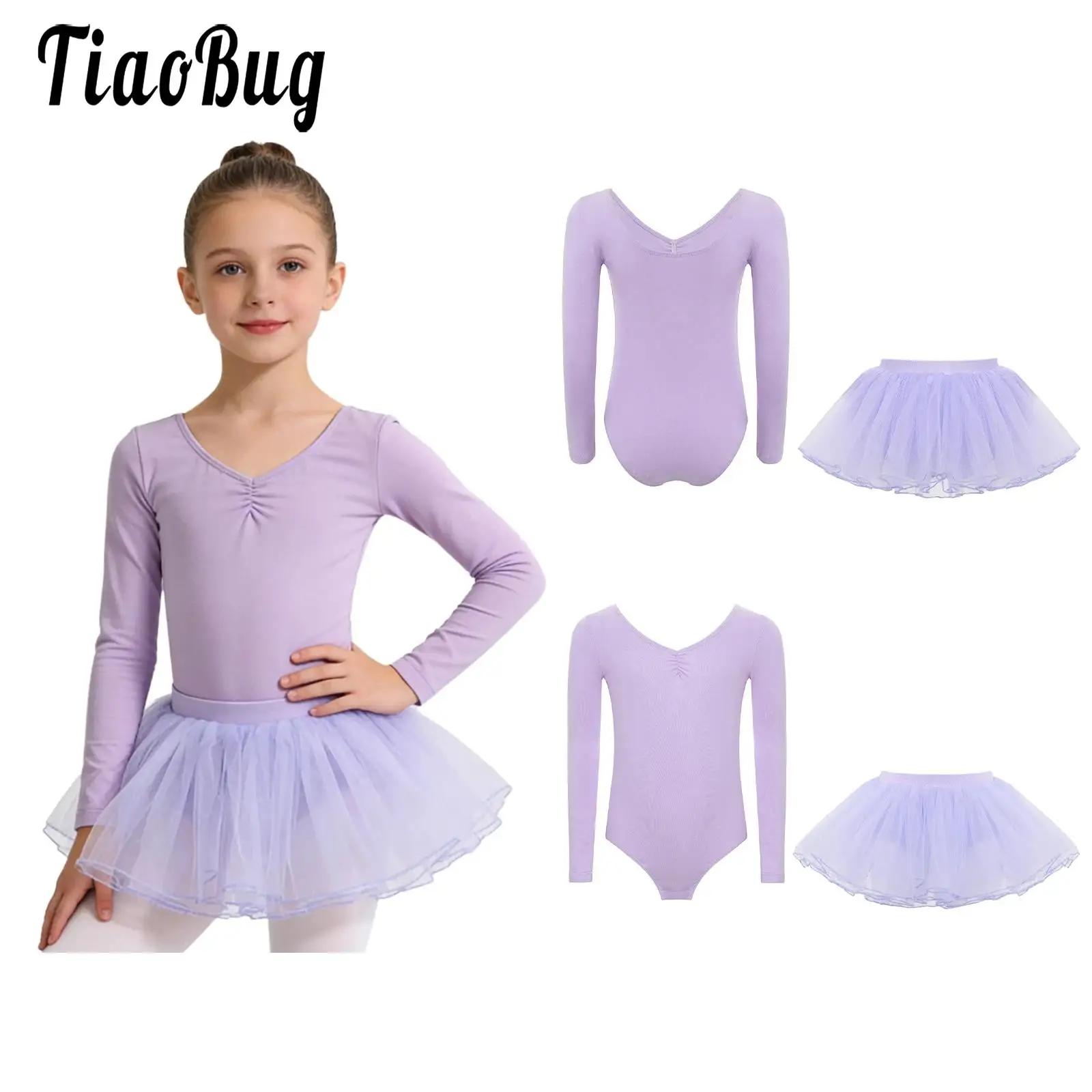 

Kids Girls Ballet Ballerina Outfits for Dance Practice Performance Long Sleeve Press Button Crotch Leotard with Tulle Tutu Skirt