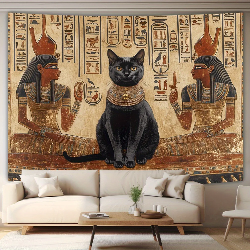 Retro Egyptian Black Cat Digital printing polyester wall hanging tapestry decorative Living room bedrooms Office background gift