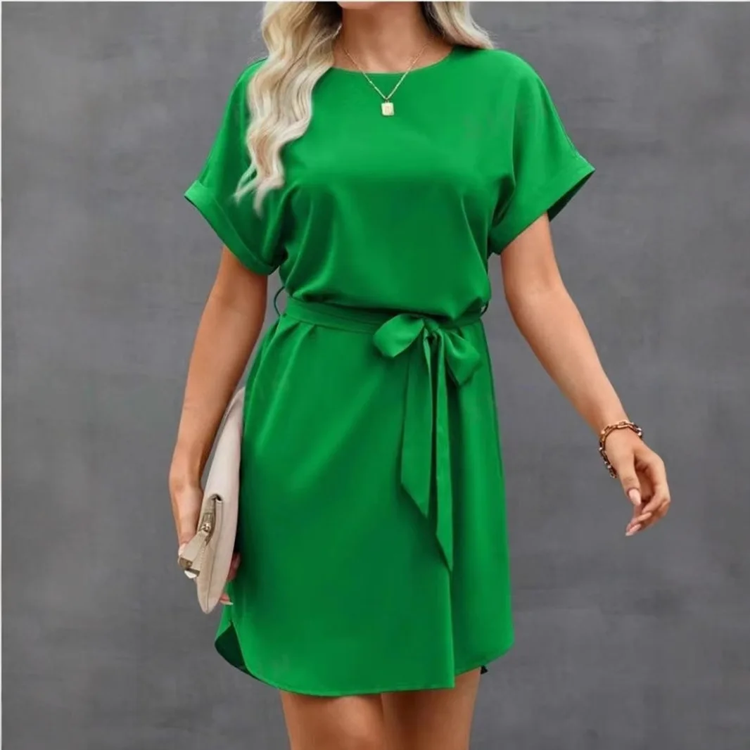 Cross-Border New Women's Wi Independent Station Belted Waist ort Sve Satin Dr Summer Season Midi Skirt Chinese Origin
