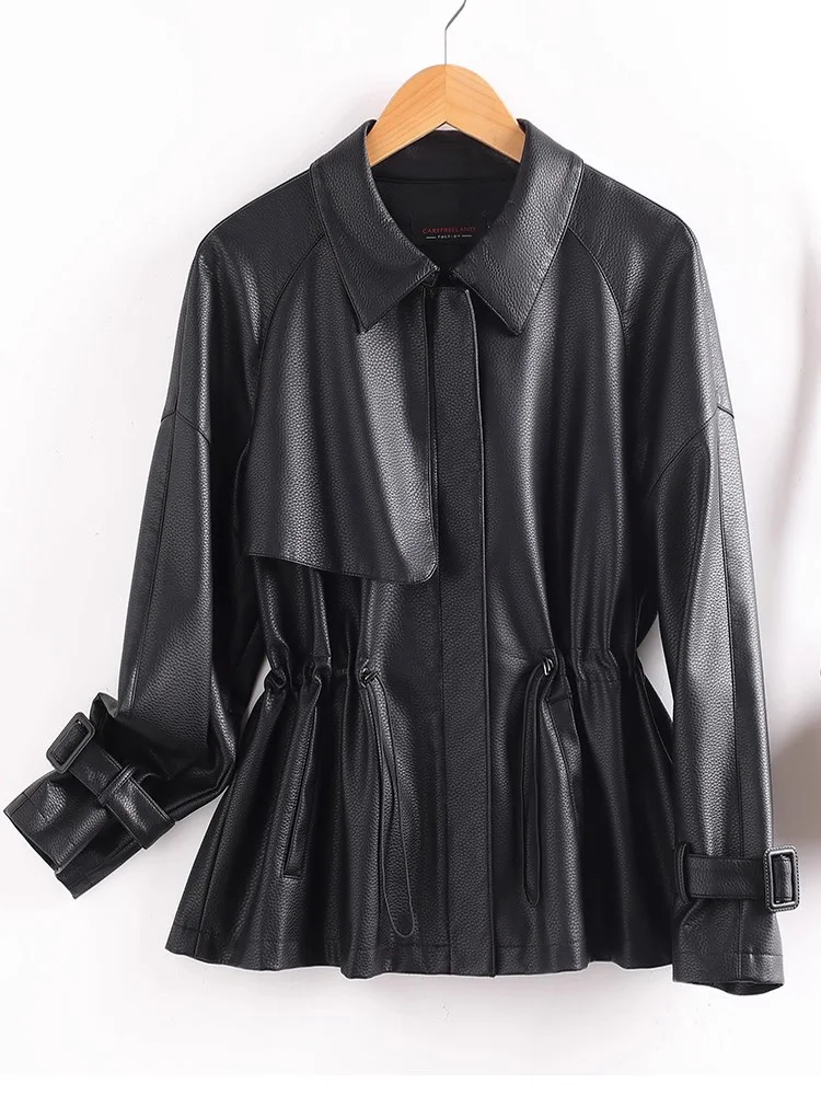 ใหม่ ผู้หญิง เอวสายลึก หนังแยก เสื้อ ฤดูใบไม้ผลิ ฤดูใบไม้ร่วง แฟชั่น คอเปลี่ยนลง เอวบาง แจ็คเก็ตหนัง เสื้อผ้านอกสบาย