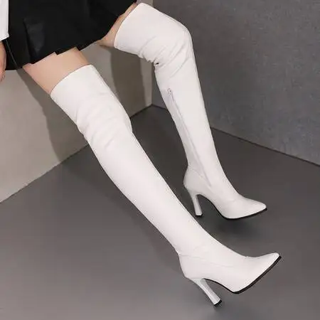 Sexy Thigh High Boots Women Fashion Black Over The Knee High Boot Fetish Shoes PU Leather Pointed Toe High Heel Long Shoes Slim