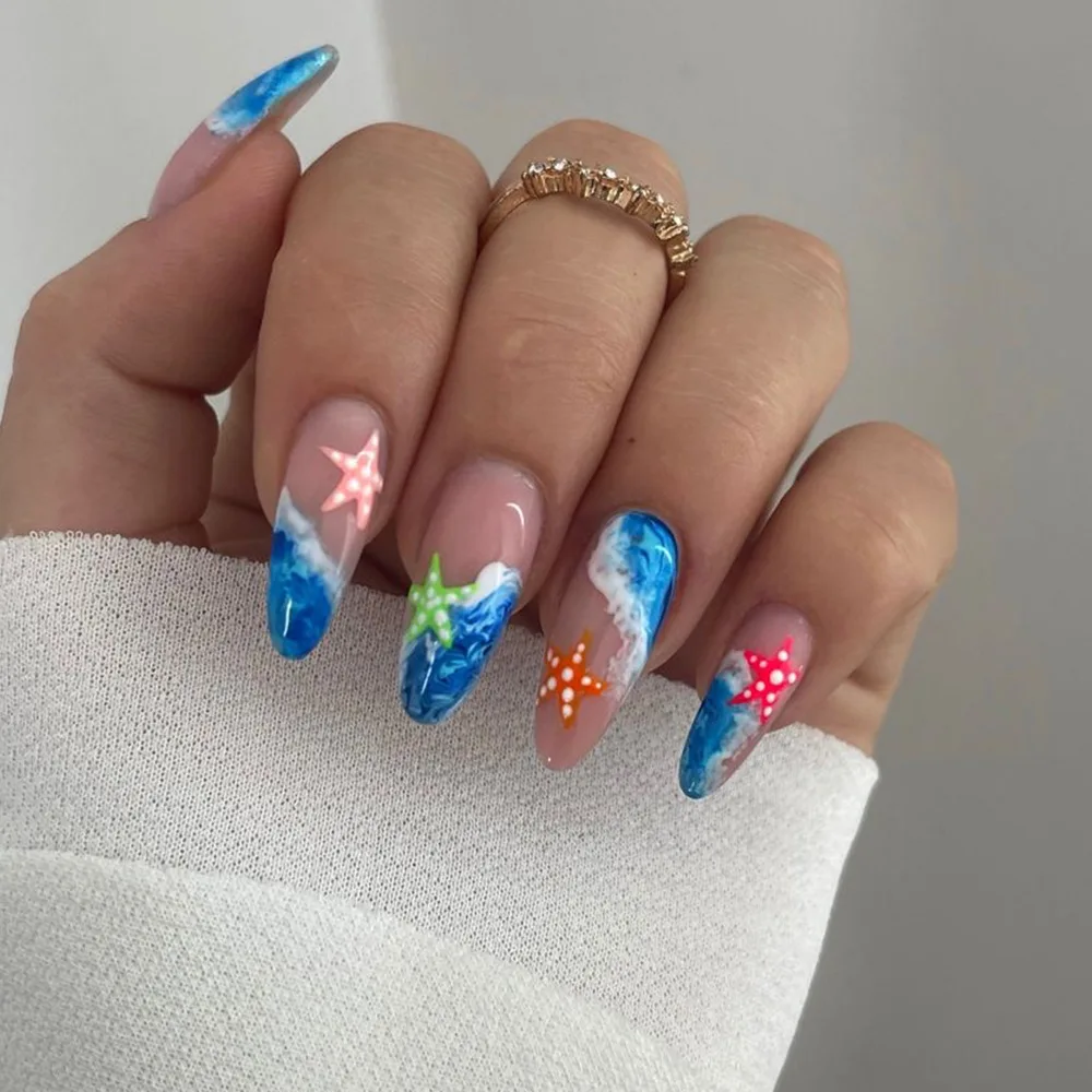 24pcs Cool Summer Waves Y2k Nails Press On Long Almond Fake Nails Wearable Multicolor Starfish French False Nails Round Finished