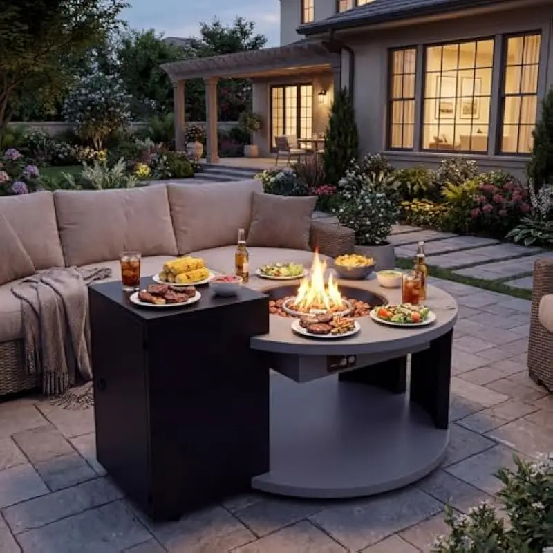 Round Modern Fire Table in Grey Black Finish Zinc-Aluminum Build Weather Resistant Wood Grain Surface 50000 BTU Smokeless Flame