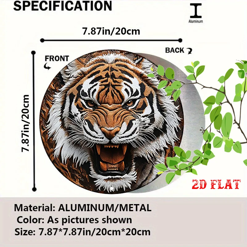 2D Flat, 2D Flat 1pc Tiger Round Aluminum Sign, Wild Round Wall Decor Fierce Rustic Metal Wall Art, Roaring 7.8X7.8Round Aluminu