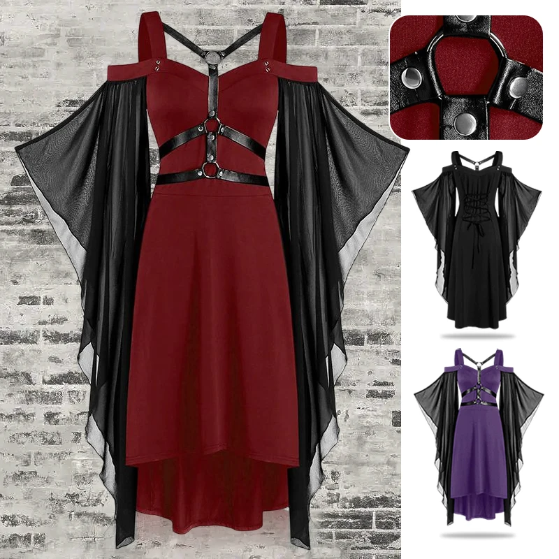 

Steampunk Medieval Dress Gothic Halter Mesh Strap Sling Dress Renaissance Victoria Cosplay Costume Halloween Women Medieval Robe