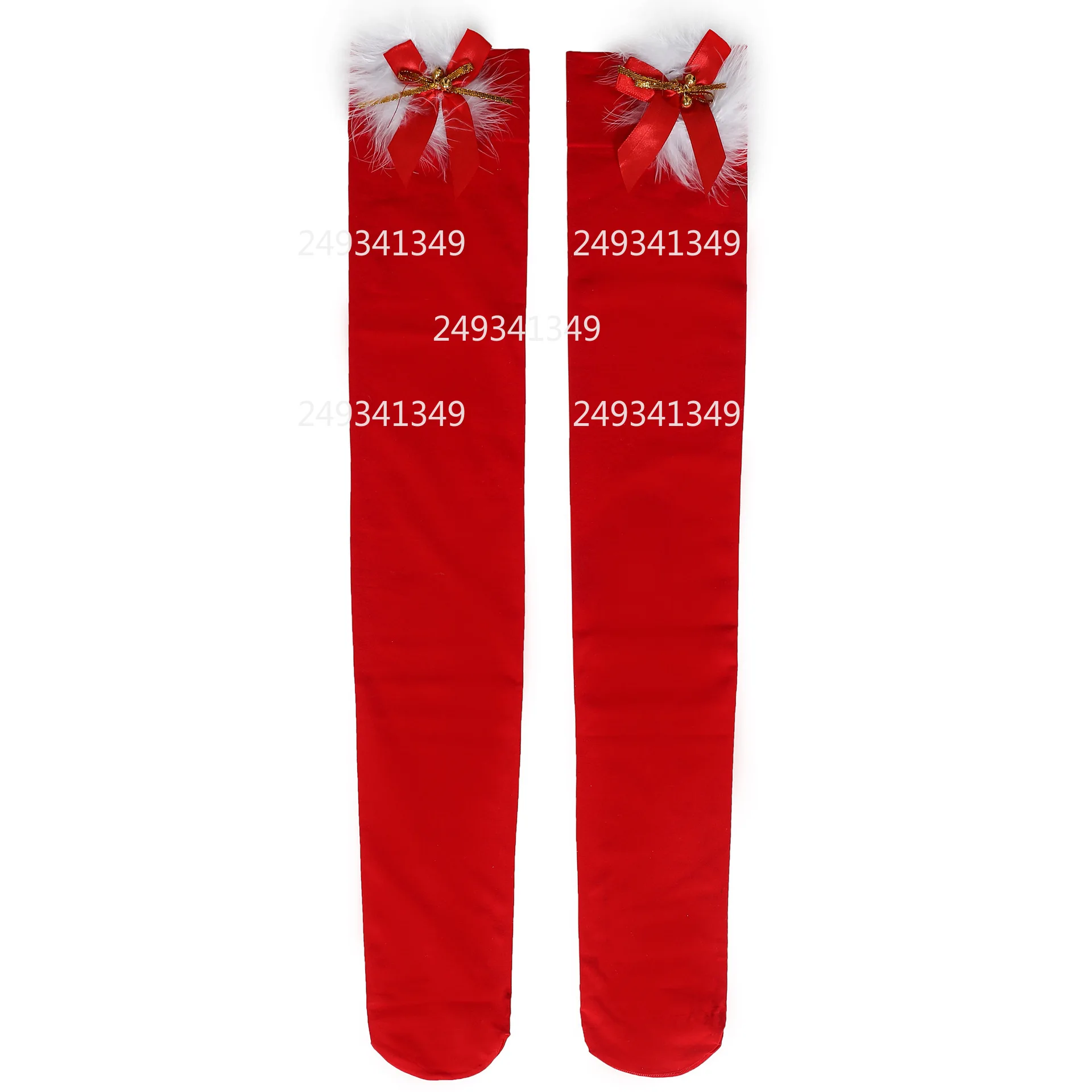 ถุงน่องคอสเพลย์สีแดงลายโบว์หวานสำหรับผู้หญิง ถุงน่องตกแต่งขนปุยสำหรับคริสต์มาส ถุงน่องตาข่ายยาวสำหรับงานปาร์ตี้คริสต์มาส อุปกรณ์เสริมสำหรับชุดแฟนซี