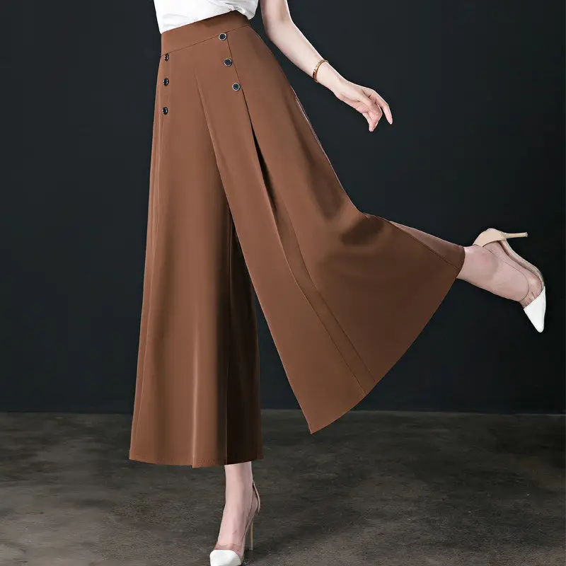 Elegant Vintage Loose Straight Solid Color Button Wide Leg Pants Pockets Elastic Waist Comfortable Summer Thin Women\'s Clothing