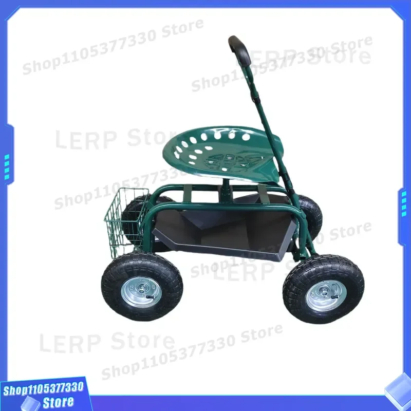 Heavy Duty Iron Garden Cart with 360 Degree Rotating Seat and Retractable Handle Four Wheel Utility Wagon for Outdoor