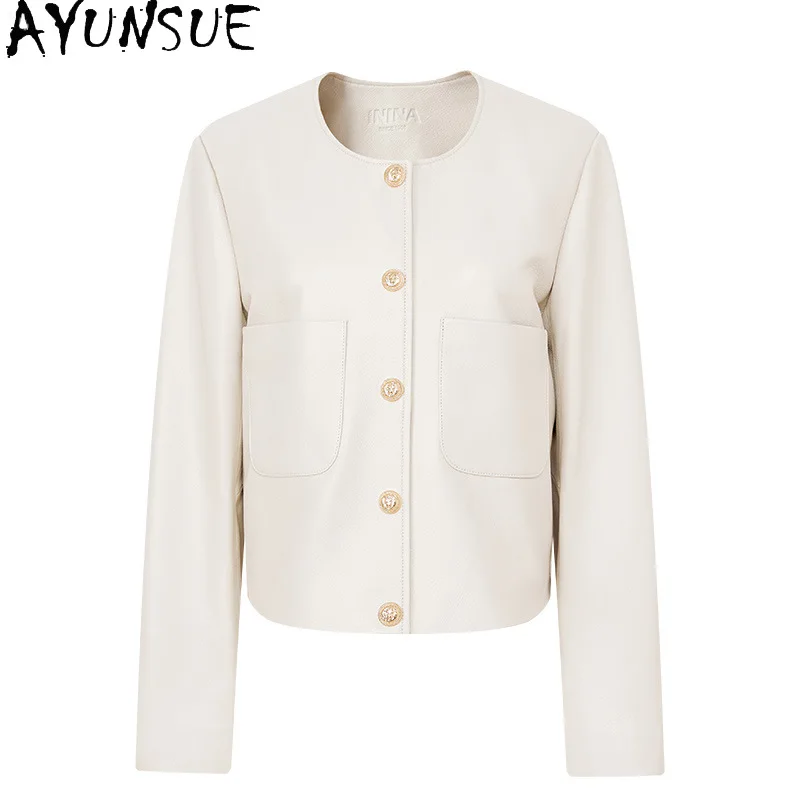 AYUNSUE High-end หนังแพะจริงหนังแจ็คเก็ตผู้หญิง 2025 หนังสีดําสตรีเสื้อฤดูใบไม้ร่วงเสื้อผ้า SLIM FIT Jaqueta De Couro