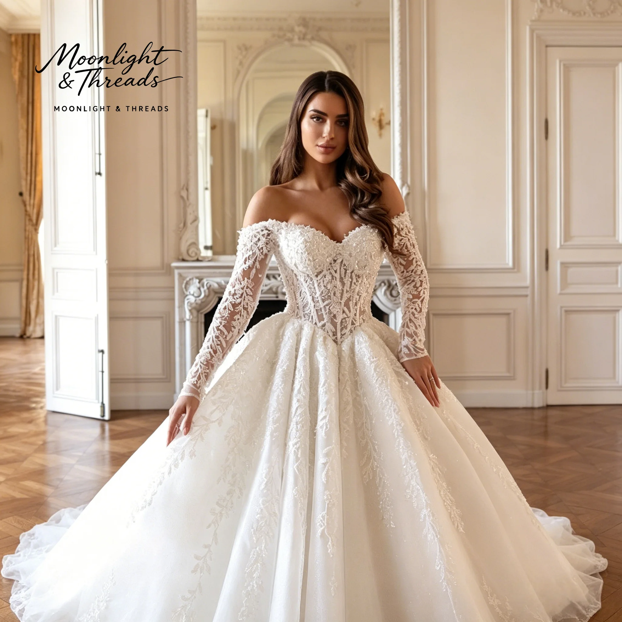 White Off-the-Shoulder Strapless Wedding Dress Long Sleeves Full Skirt Boning Waist Exquisite Embroidery Design