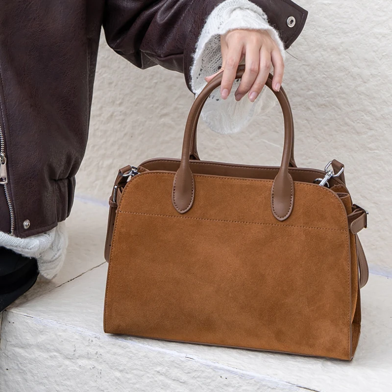 

Luxury Bowling Briefcase Genuine Leather Boston Handbag Suede Crossbody Bag Noble Simple Commuting Boston Zipper Briefcase