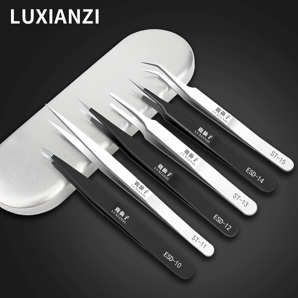 

LUXIANZI ESD Stainless Steel Tweezer Set For Soldering Industrial Repair Tool Precision Anti-Static Forceps Curved Straight Tip