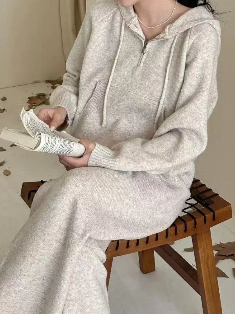 

Chic Casual Hooded Knitted Sweater Jaet Women's + Knitted Long Pants Autumn Design Two-Piece Set Korean Sle Other Other