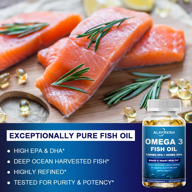 Alxfresh-aceite de pescado Omega 3, 3600mg, EPA, 1300mg, DHA, 900mg, suplemento de alimentos no transgénicos, soporta la salud del cerebro, golondrina fácil