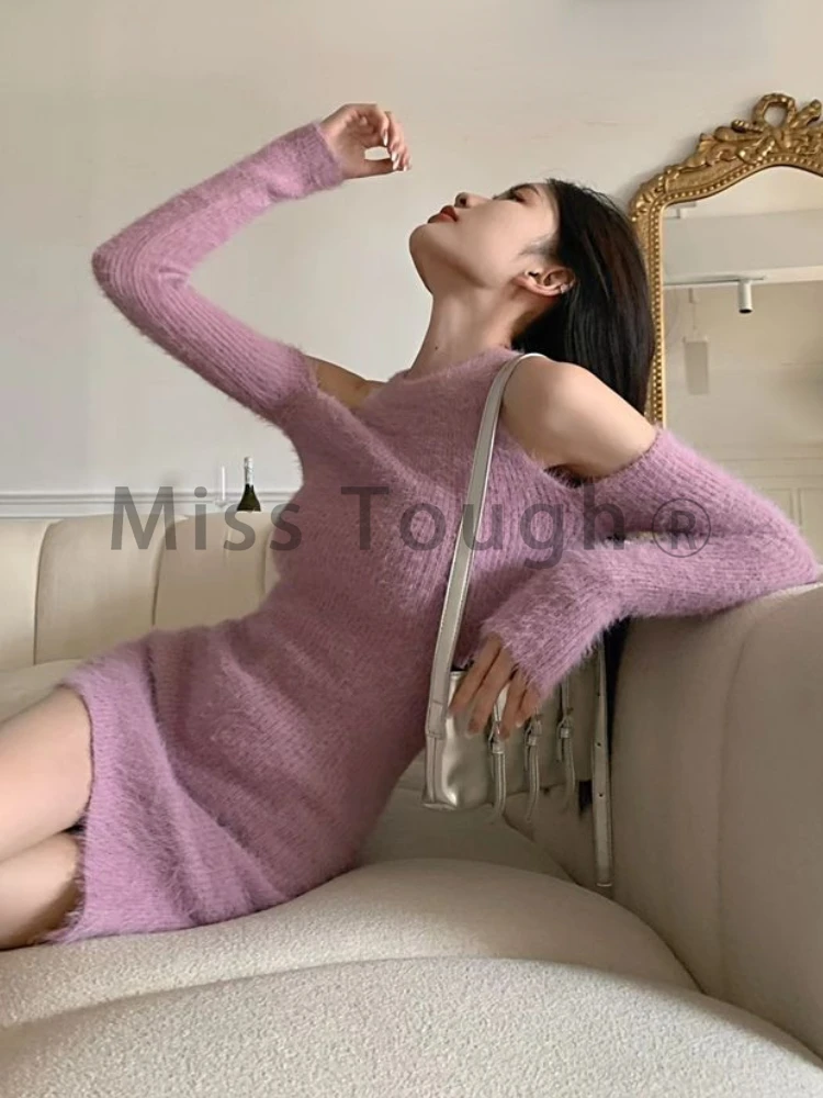 Winter Purple Vintage Knitted Dress Women Off Shoulder Elegant Mini Dress Female Korean Fashion Designer Y2k Party Dress 2023