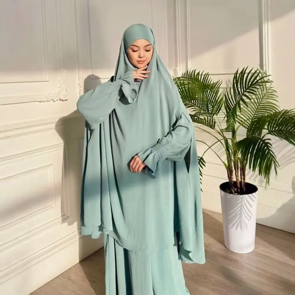 2PCS Muslim Abayas Hijab Prayer Dress Women Jilbabs Kaftan Islamic Dubai Saudi Robe Turkish Modesty Khimar Jalabiya Eid Djellaba