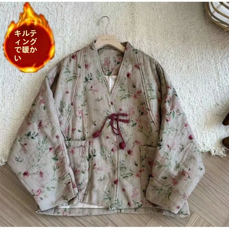 Retro Chinese Style Women's Cotton Jacket V-Neck Printed Liner Autumn Winter Warm Outerwear Loose Fit Long Sleeve Lantern Sleeve