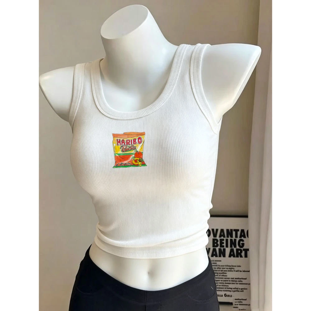 Magical Instant Noodle Packet Cute Print Y2K Camisole Ribbed Tank Tops Bodycon Crop Top Sleeveless Cropped Tank Cami Vest Tee
