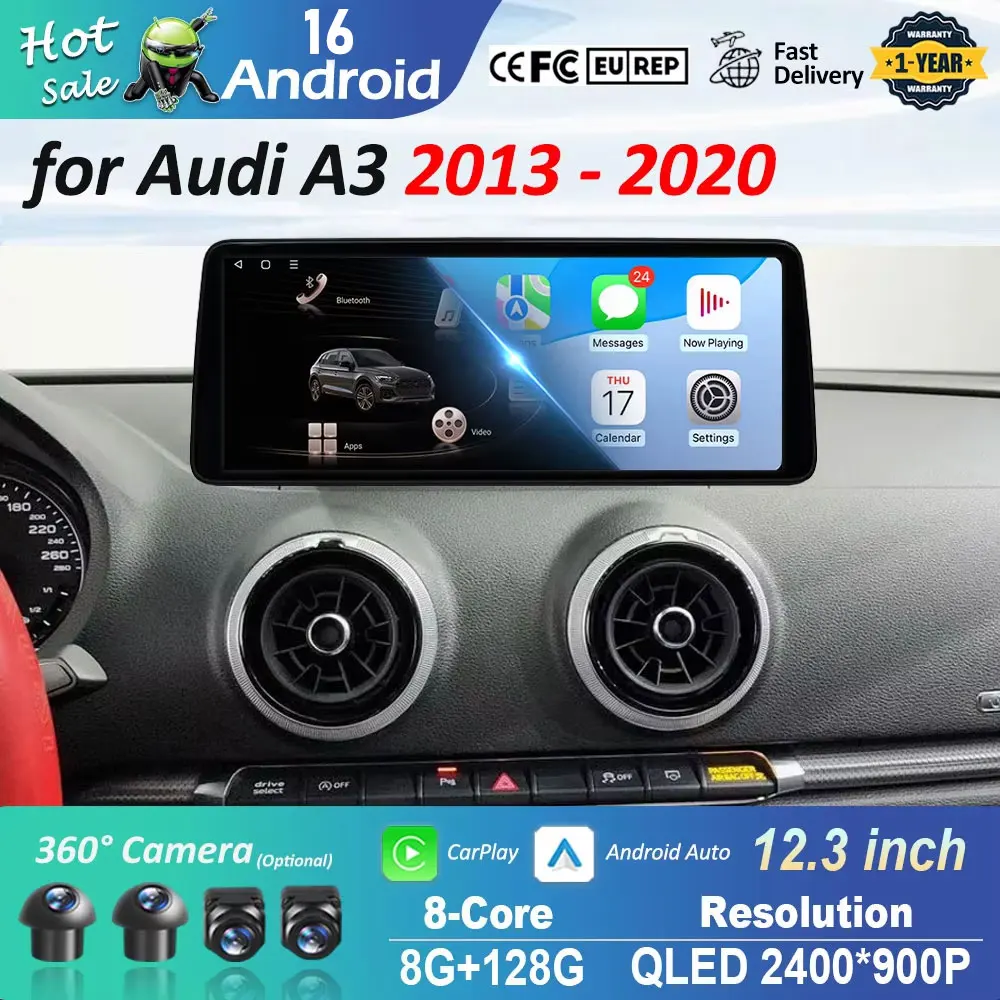

Android 16 12,3 дюйма для Audi A3 2013-2020 Автомобильный радиоприемник Видеоплеер Carplay Навигация GPS WiFi 4G Ультратонкий HD сенсорный экран