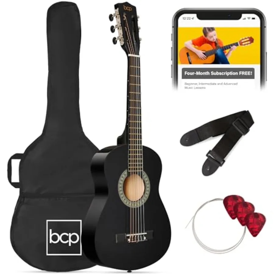 

30in Acoustic Guitar All-in-One Beginner Starter Kit w/Strap Case Extra Strings Rosette Inlay Black