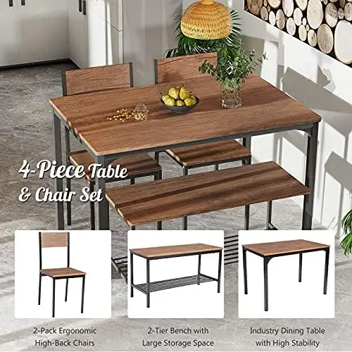 Set tavolo da pranzo 4 pezzi per 4, tavolo da cucina moderno con struttura in metallo e contenitore, marrone