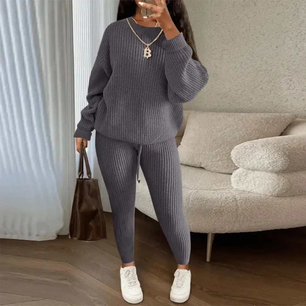 Moda feminina casual malha terno calças estilo europeu americano mistura de lã venda quente