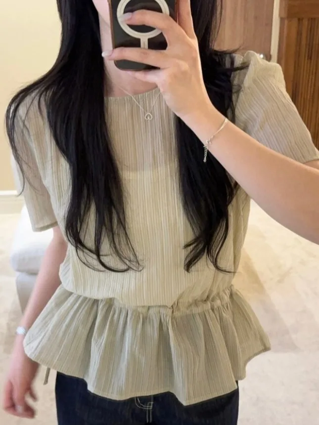Cute ort Sve irt Women's Chic Summer New Dstring Waist Slimming Design Fren Top Quali Material Premium Knitwear