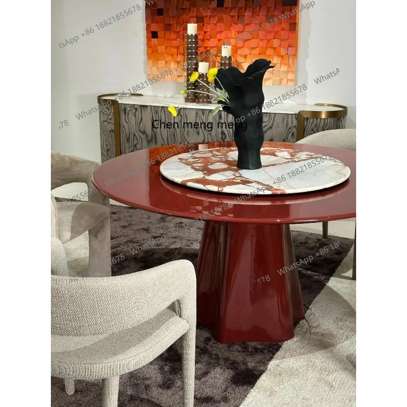 

RR Italian natural imported marble dining table round red luxury stone high-end table