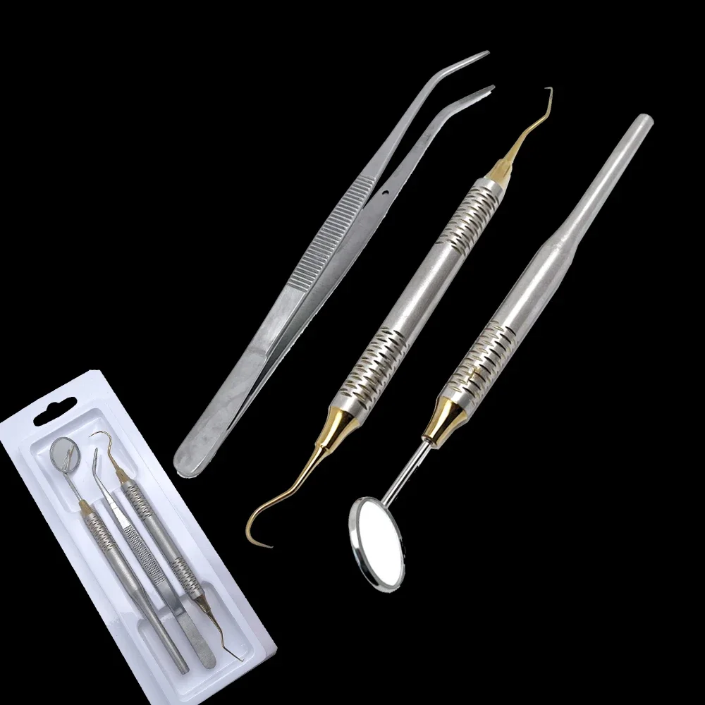 Stainless Steel Dental Instrument Kit with Mouth Mirror Tweezers and Curved Explorer for Oral Examination and Cleaning