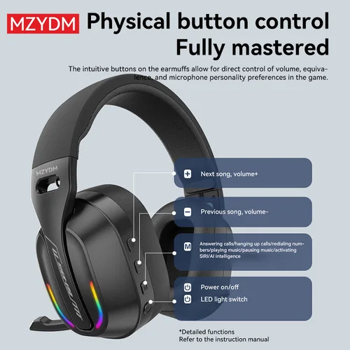 Imagen 2 del producto MZYDM B500 Auriculares inalámbricos Bluetooth 5,4 para juegos con luz RGB, auriculares supraaurales de baja latencia con micrófono para auriculares de PC