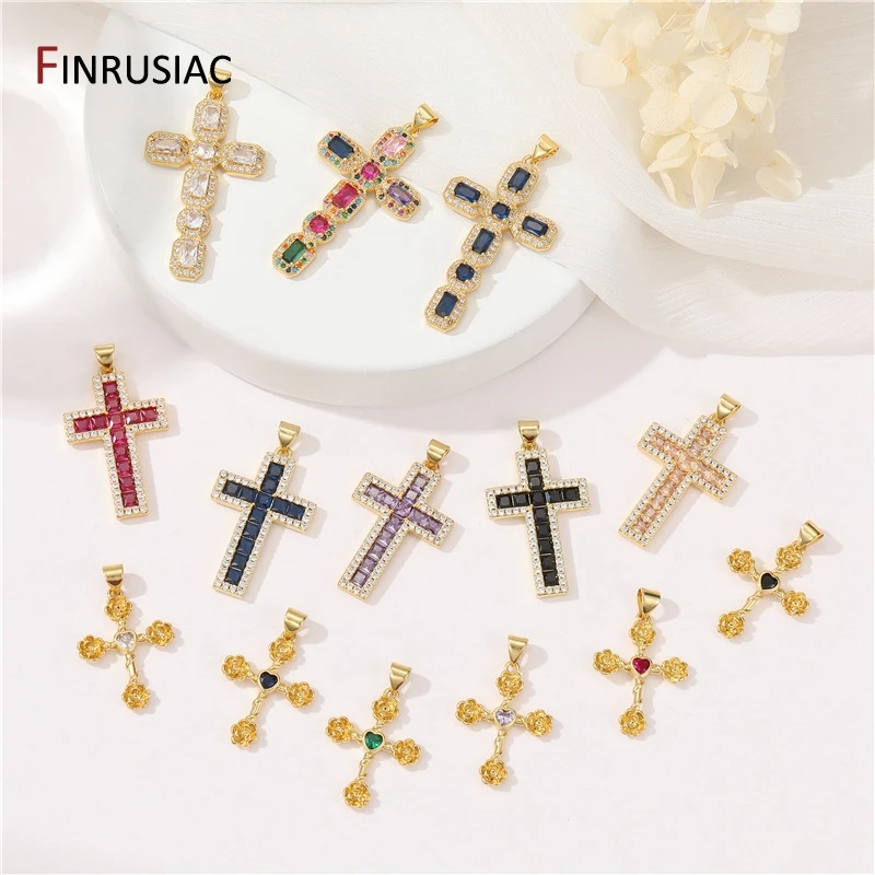 14K Gold Plated Brass Colorful Cubic Zirconia Large Cross Pendant For Religious Faith Charm Necklace Jewelry Making Accessories