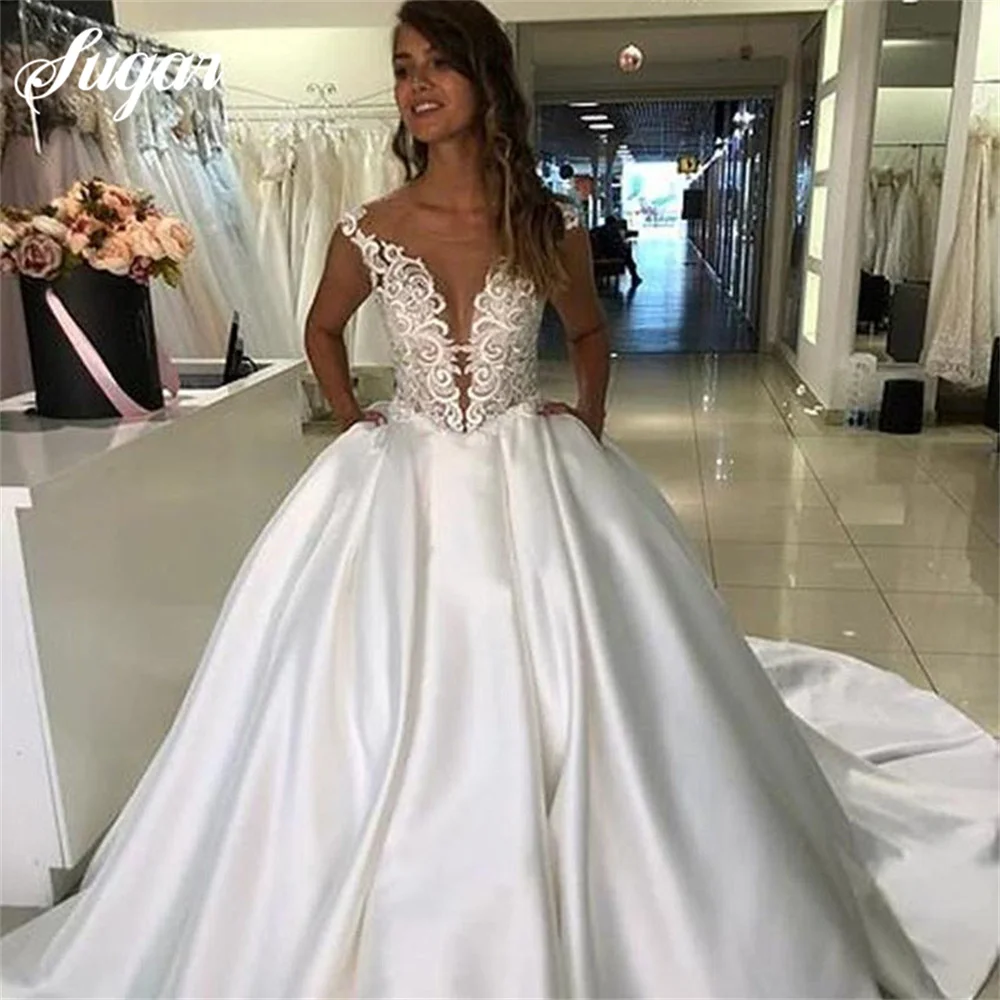 Princess Wedding Dress Top Lace Appliqued A-Line Bride Dresses With Pockets Boho Dubai Wedding Gowns robes de mariage