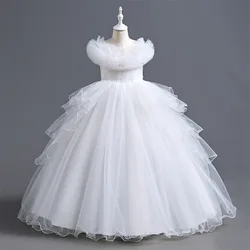 Fancy Puffy Flower Girls Ruffles Soft Tulle Sequined Party Dress Teenage Girls Birthday Gowns White Pink Light Blue Long Dress