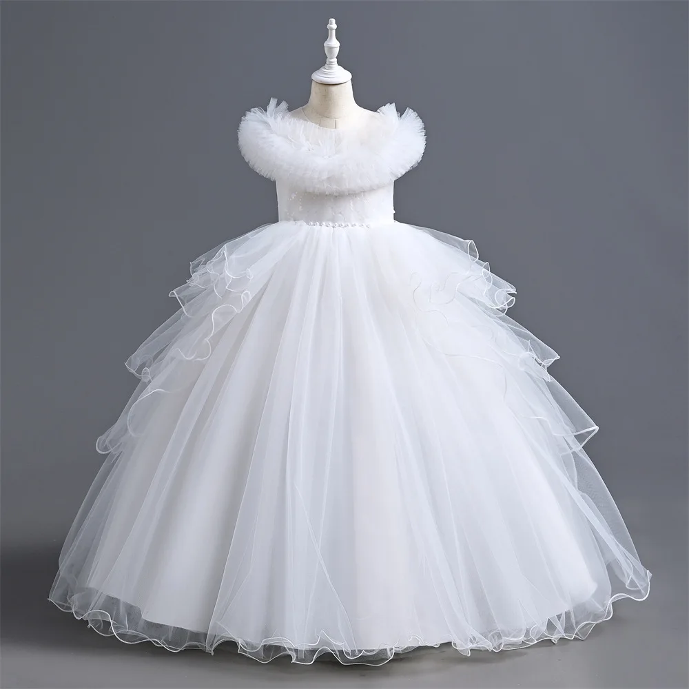 Teenage Girls Puffy Flower Ruffle Tulle Party Dress Fancy Long Gown for Birthday Occasions White Pink Light Blue