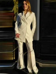 Classic Business Women Office Wedding Suit Fashion Heavy Beaded Diamond Blazer Slit Trouser Suit Two-Piece Set