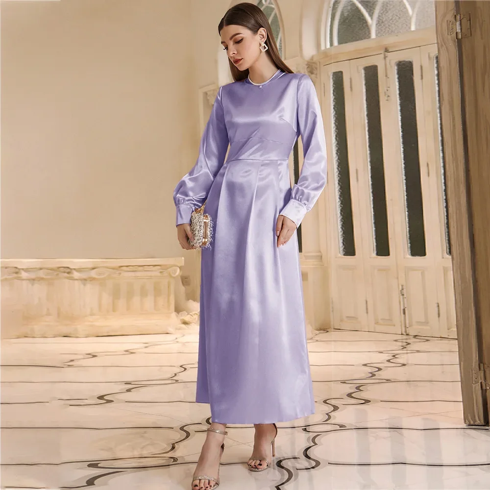 Women Eid Muslim Abaya Jalabiya O Neck Dubai Long Robe High Waist Solid Color Vestidos Arab Pearls Elegant Islam Abayas