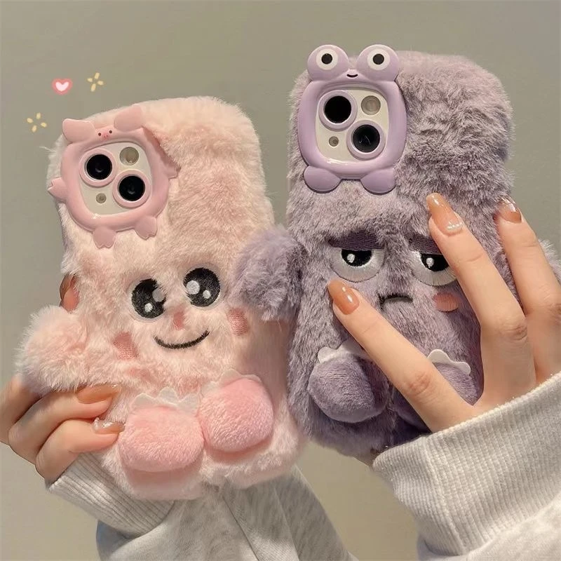 Cartoon plush cute little monster phone case for iPhone 15 14 11 12 13 Pro Max drop protection cover