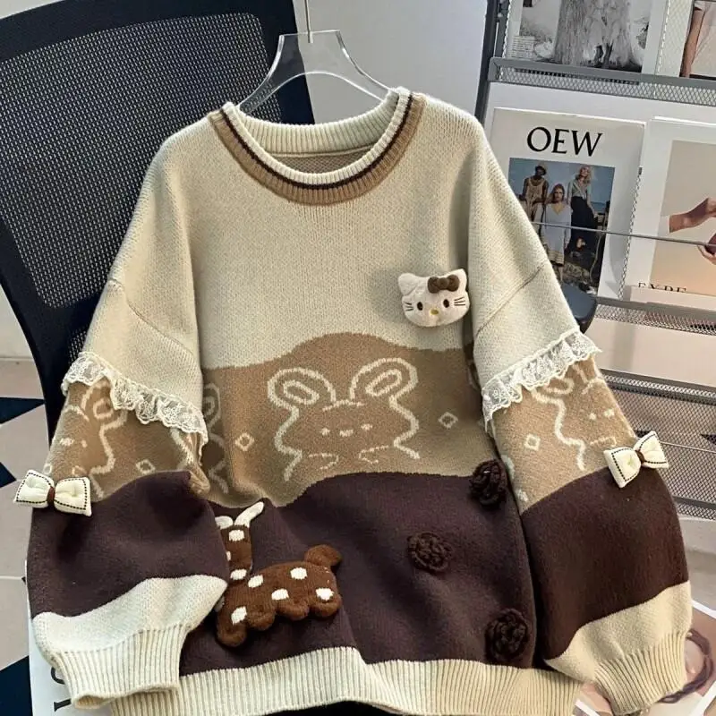 

Sanrio Hello Kitty women's Sweater Knitted For coat Plus School Style Autumn Winter Sweet Cute Lazy Trendy Popular Thickened