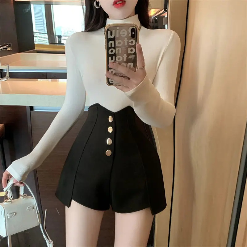 Shorts Women Black All-match Autumn High Waist Straight Vintage Simple New Casual Teens Korean Style Trousers Button Retro Mujer